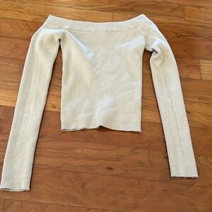 express beige off the shoulder ribbed knit long sleeve
